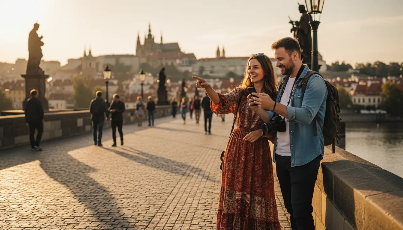 Un trecător fotografiază un călător la Praga