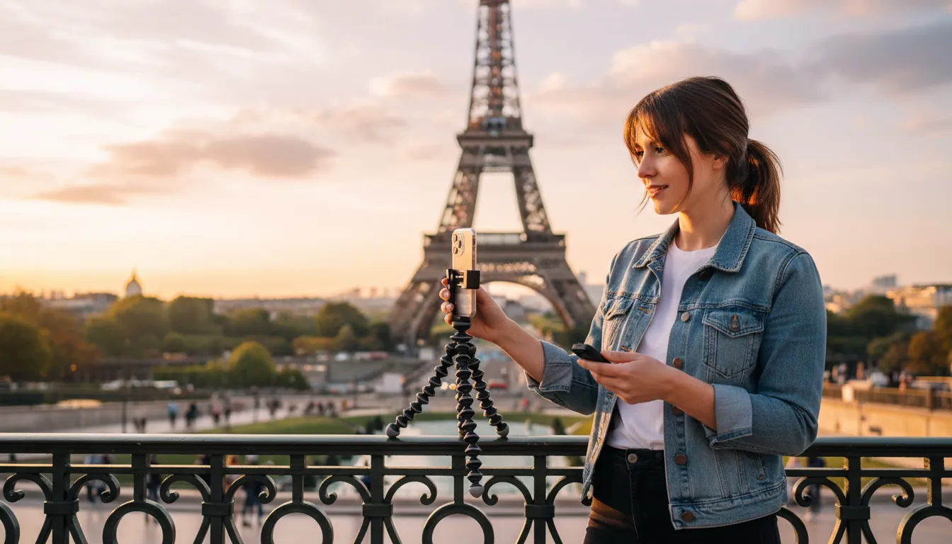O fată se fotografiază pe un trepied la Paris