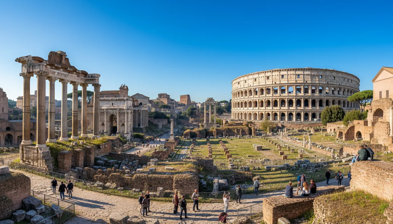 Ruinele Forumului Roman cu vedere la Colosseum