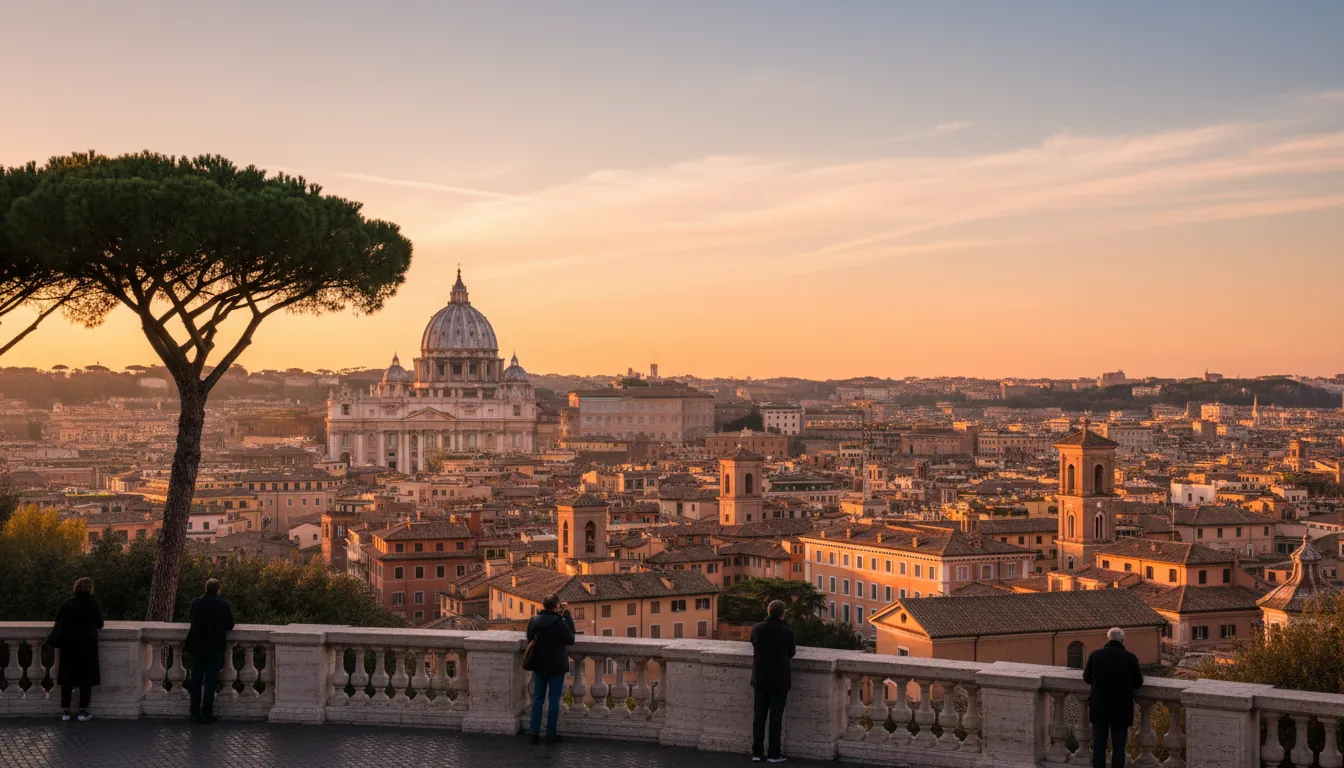 Panorama Romei la apus cu vedere la cupola Catedralei Sfântului Petru