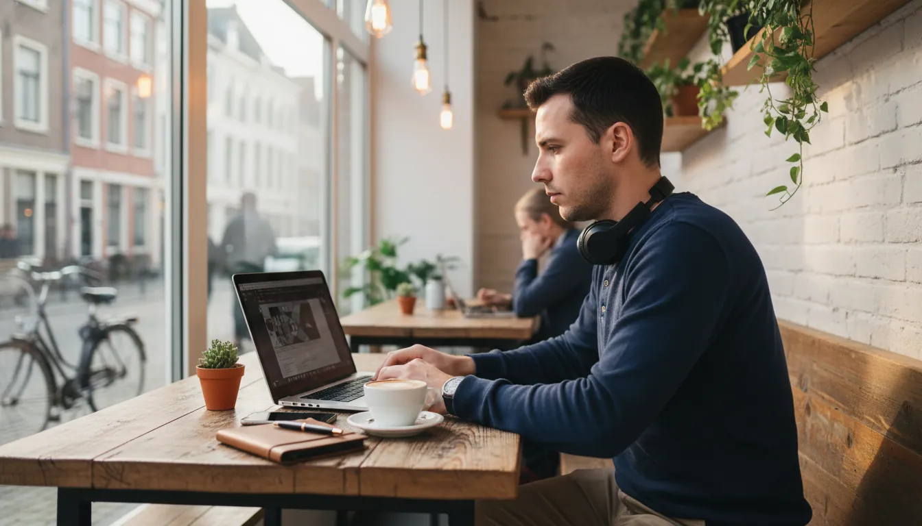 Nomad digital lucrând într-un café european