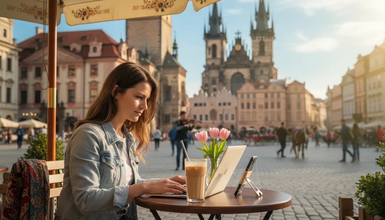 Lucru la cafenea în centrul Pragei