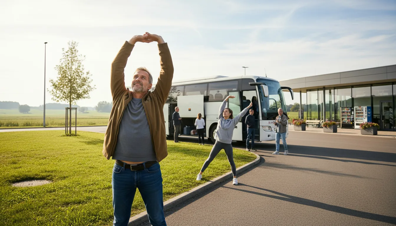 Pasageri la statie facand miscari de intindere