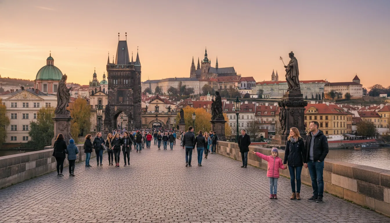 Castelul Praga și familii cu copii pe Podul Carol