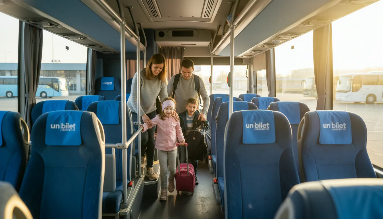 Familie cu copii care se urcă în autobuz la Chișinău