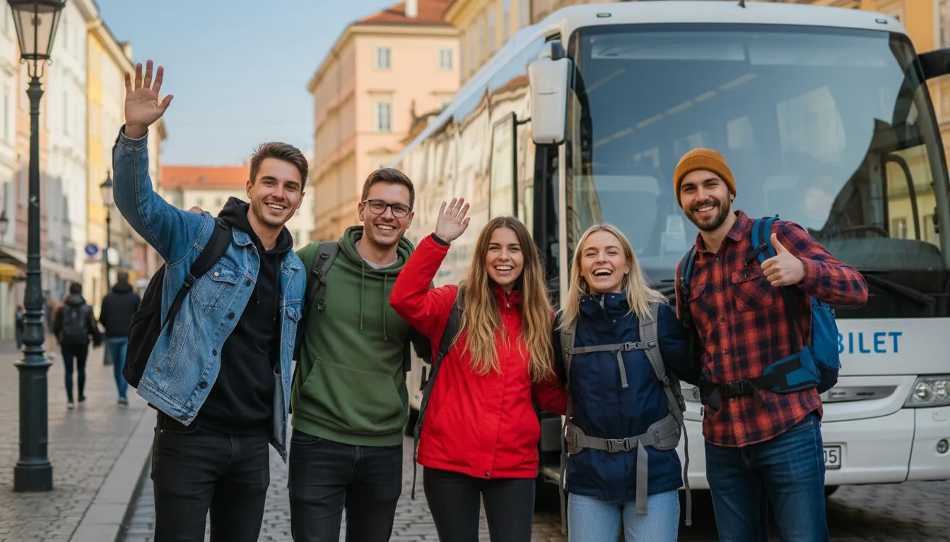 Grup de călători lângă autobuz