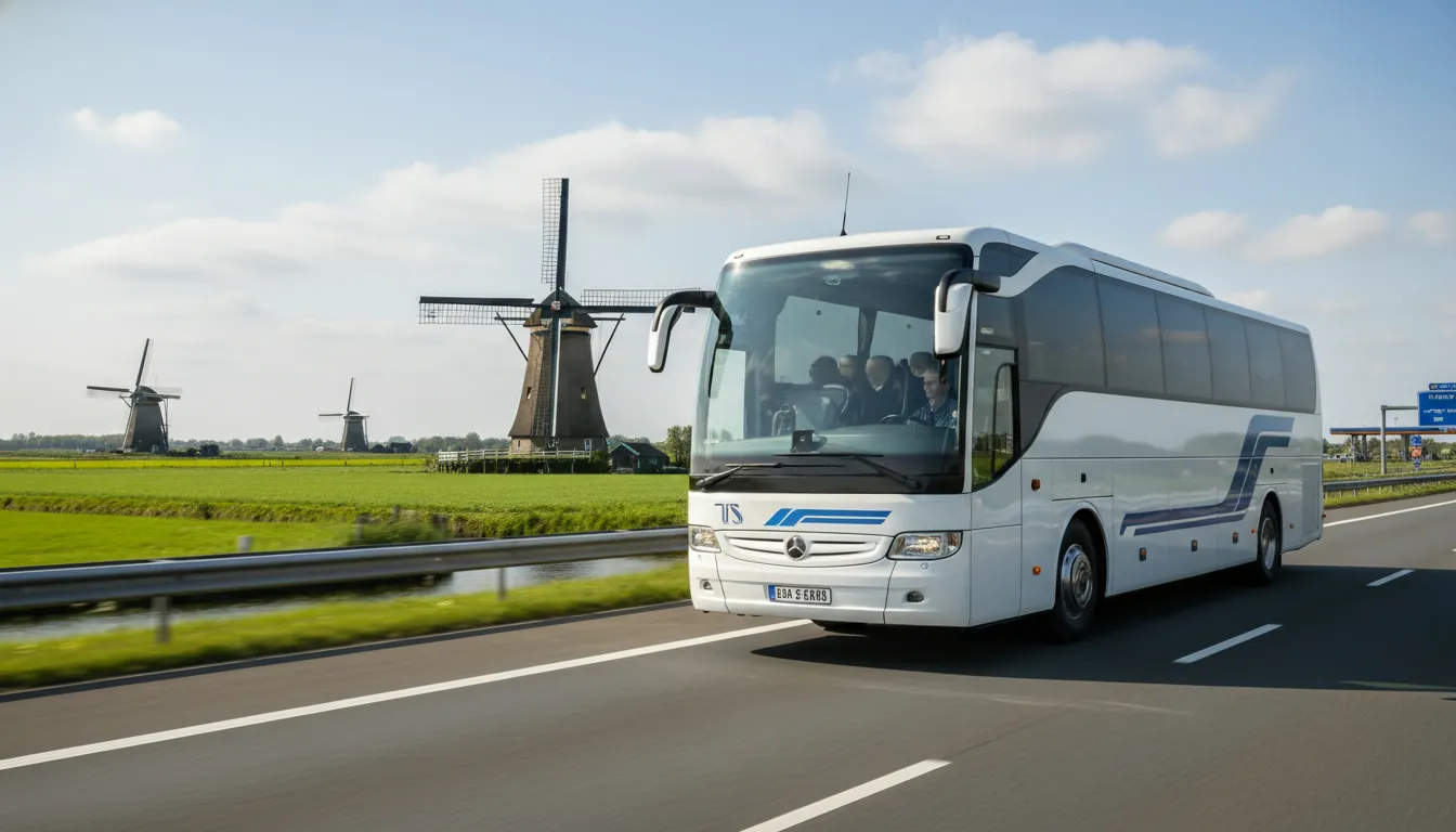 Autobuzul se deplasează pe ruta europeană către țările Benelux