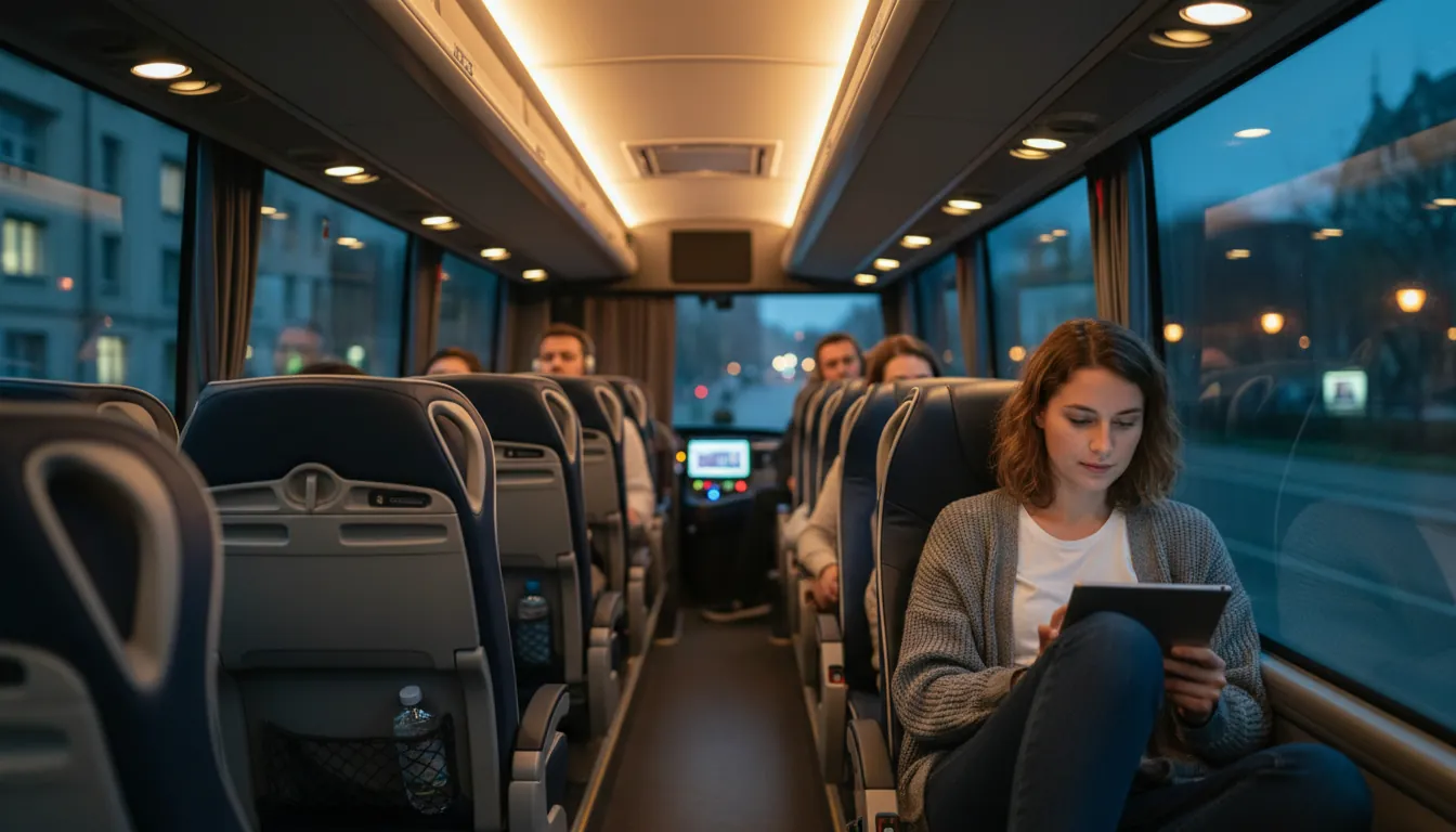 Salon confortabil al unui autobuz internațional