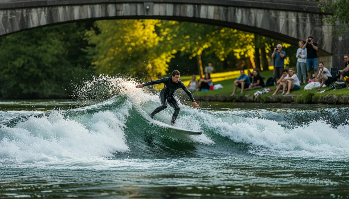Surferi pe valul Eisbach în Grădina Engleză