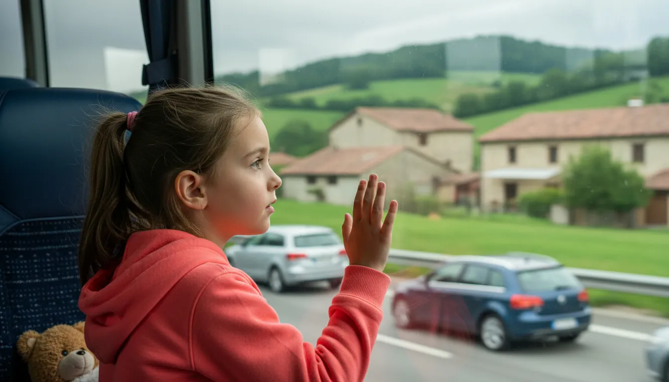 Copil privind pe fereastra autobuzului