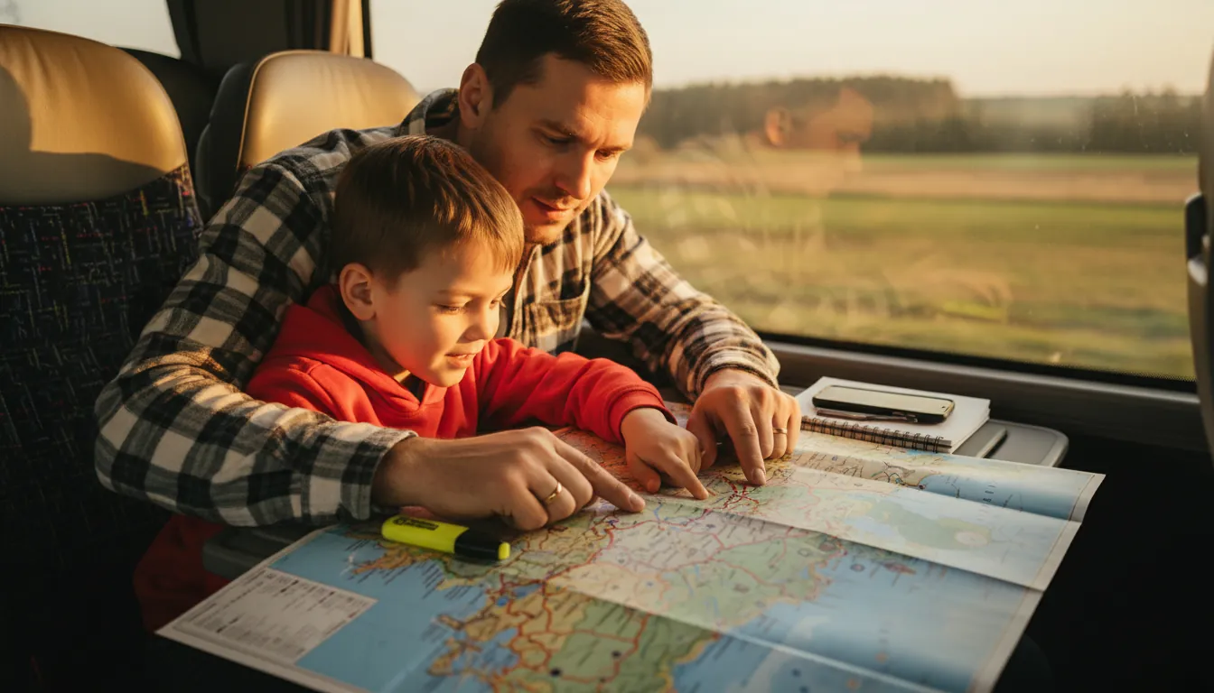 Părinte cu copil studiind harta rutei