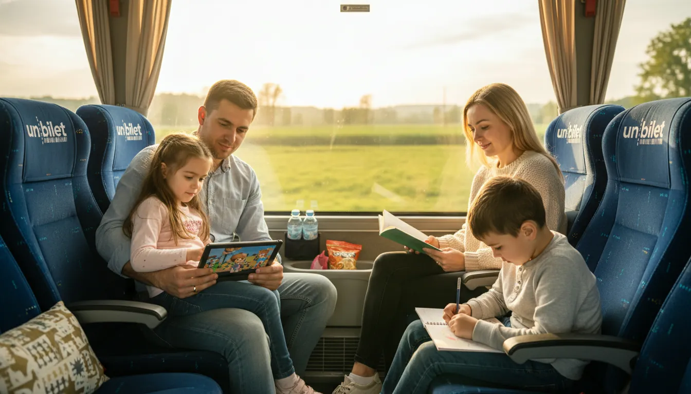 Familie cu copii într-un autobuz confortabil