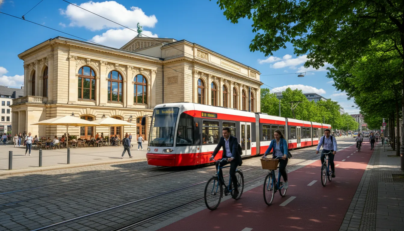 Centrul Leipzig-ului cu tramvai și bicicliști
