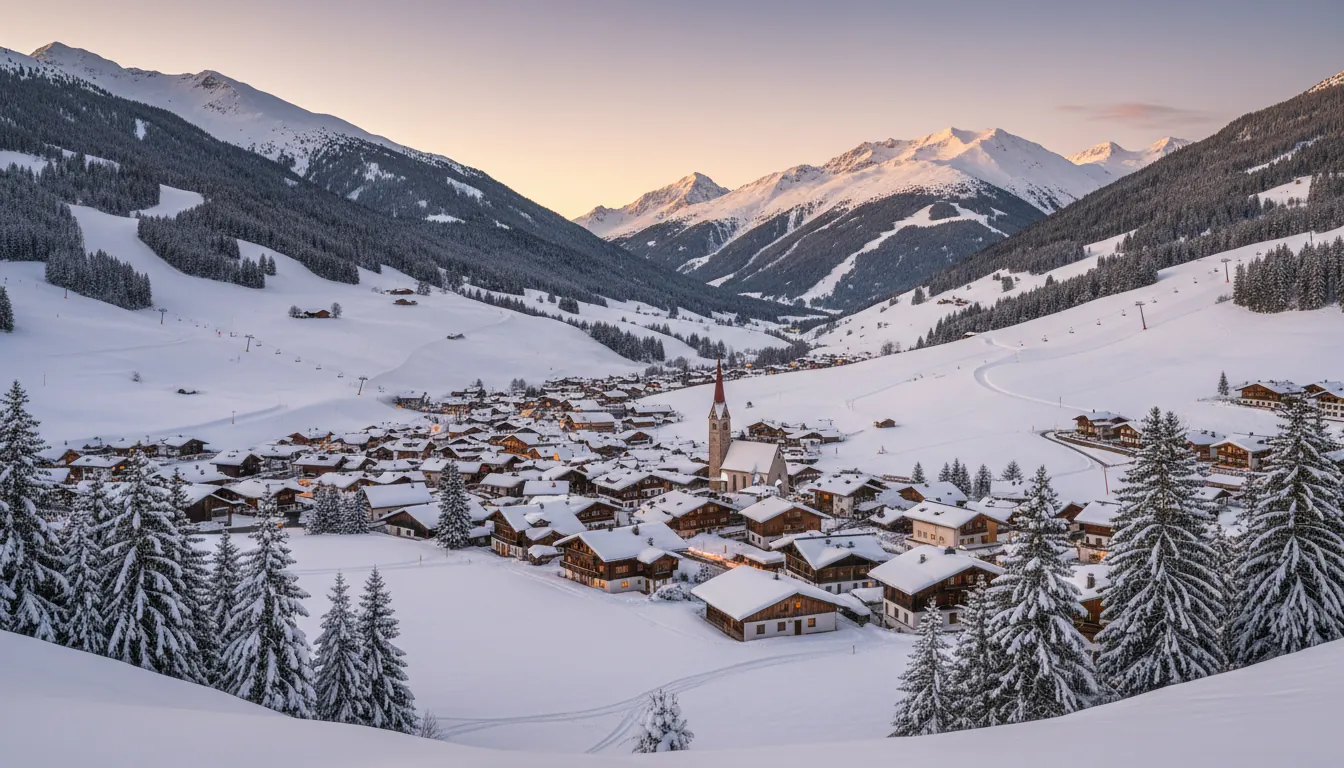 Alpii de iarnă la apus cu pârtii de schi