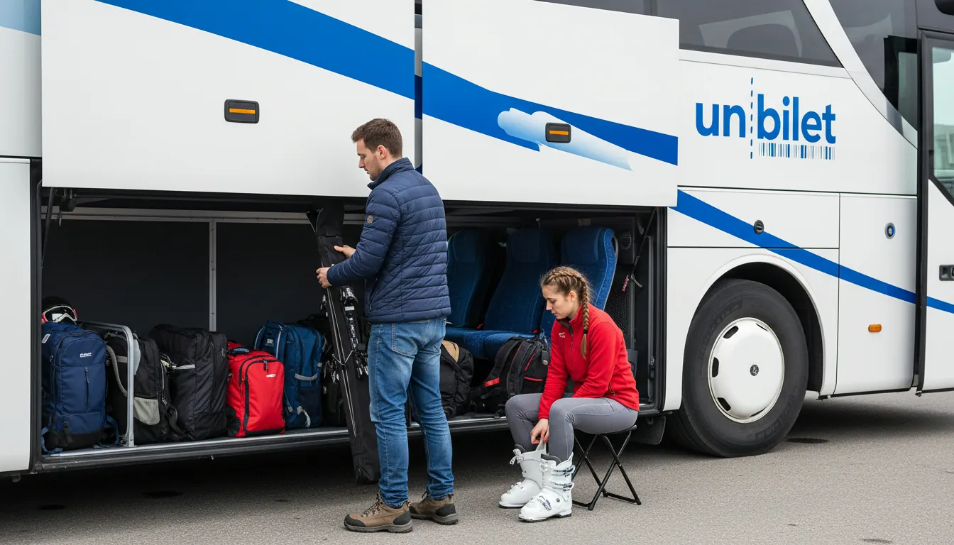 Pregătirea echipamentului de schi în autobuz