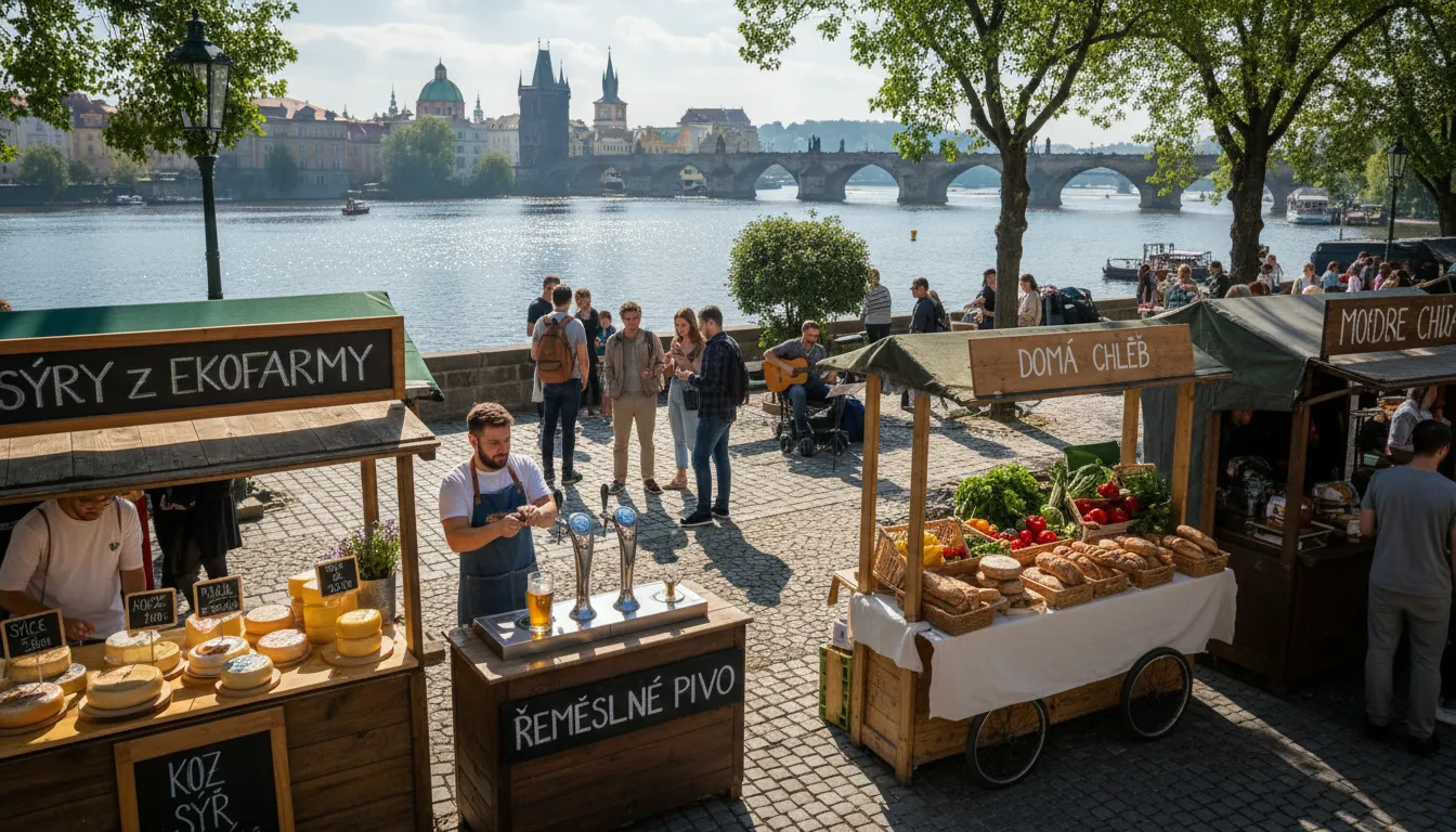 Piața Náplavka pe malul Vltavei