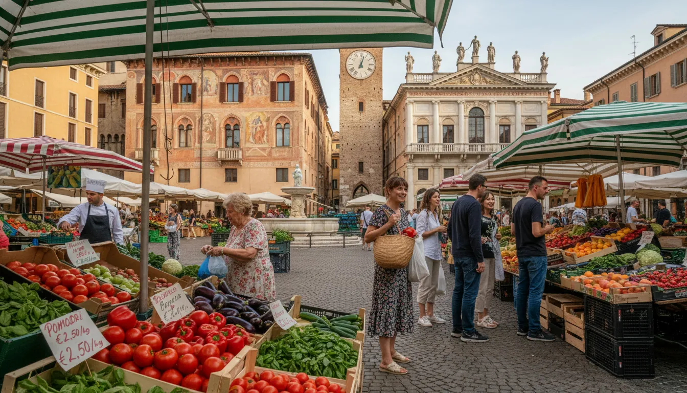 Piața locală pe Piazza delle Erbe în Verona