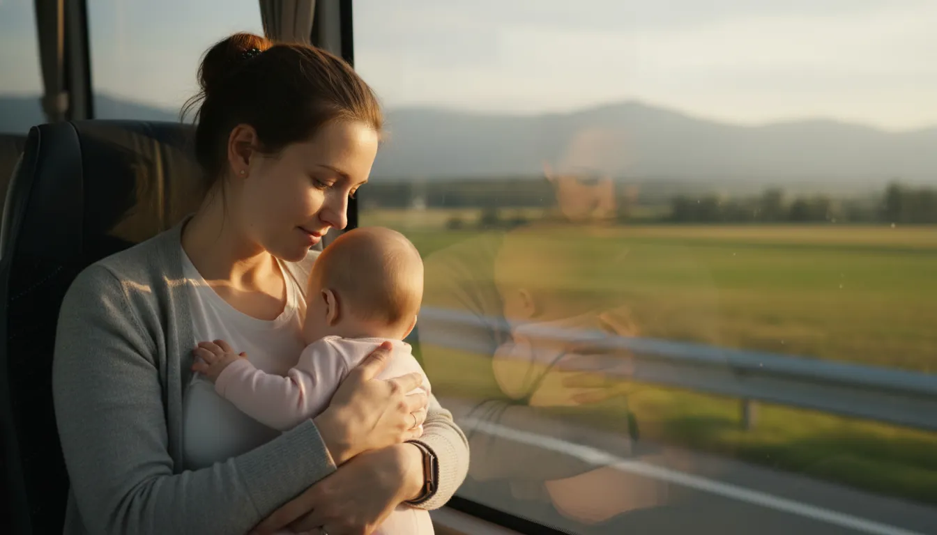 Mamă cu bebeluș în autobuz