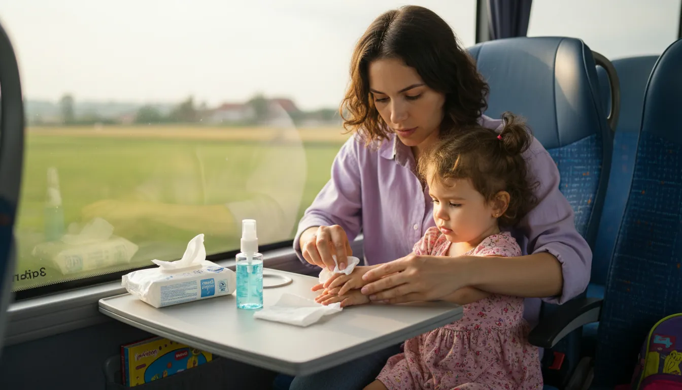 Părinte care șterge mâinile copilului cu șervețele umede