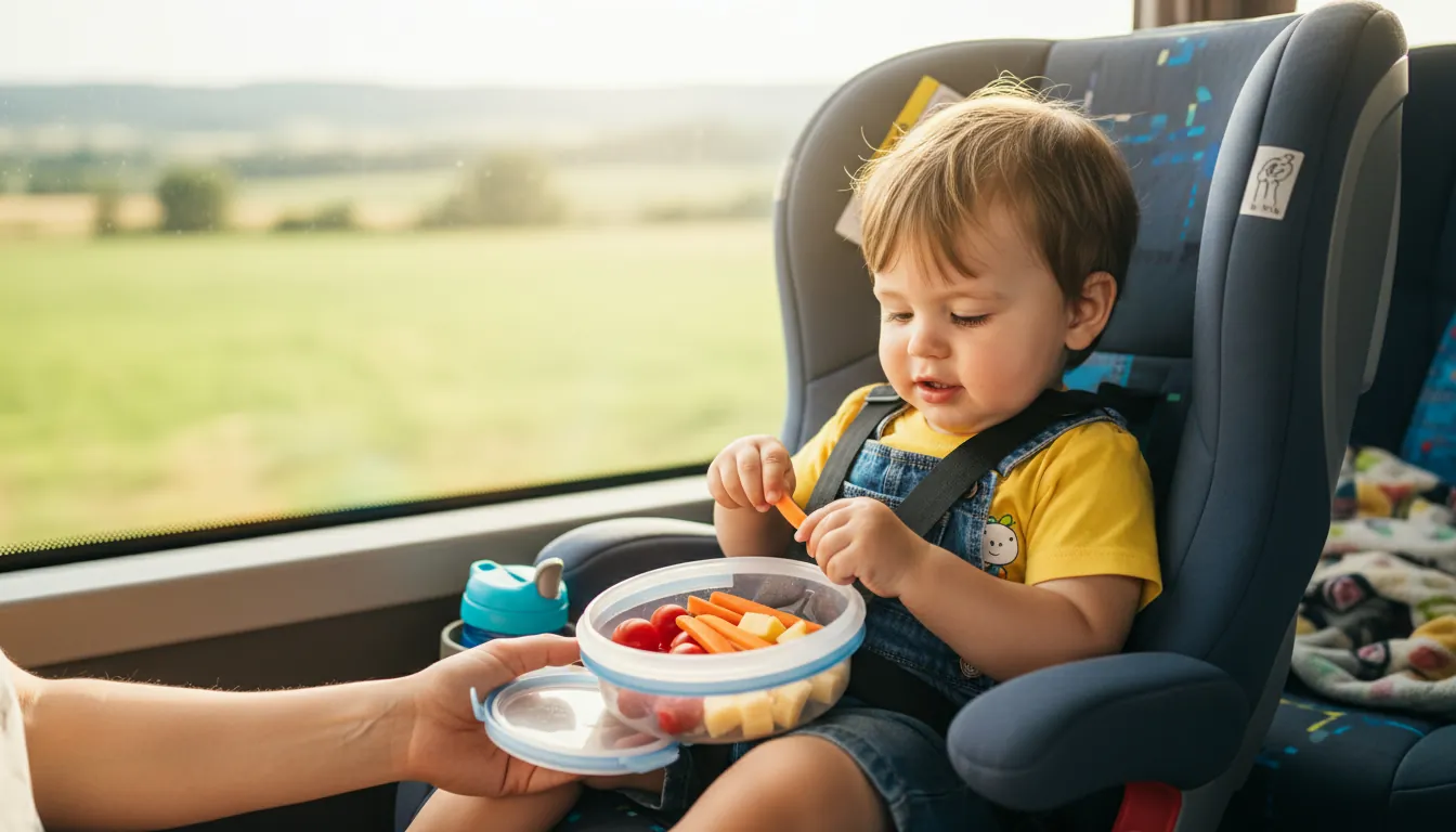 Micuț care mănâncă gustare în autobuz
