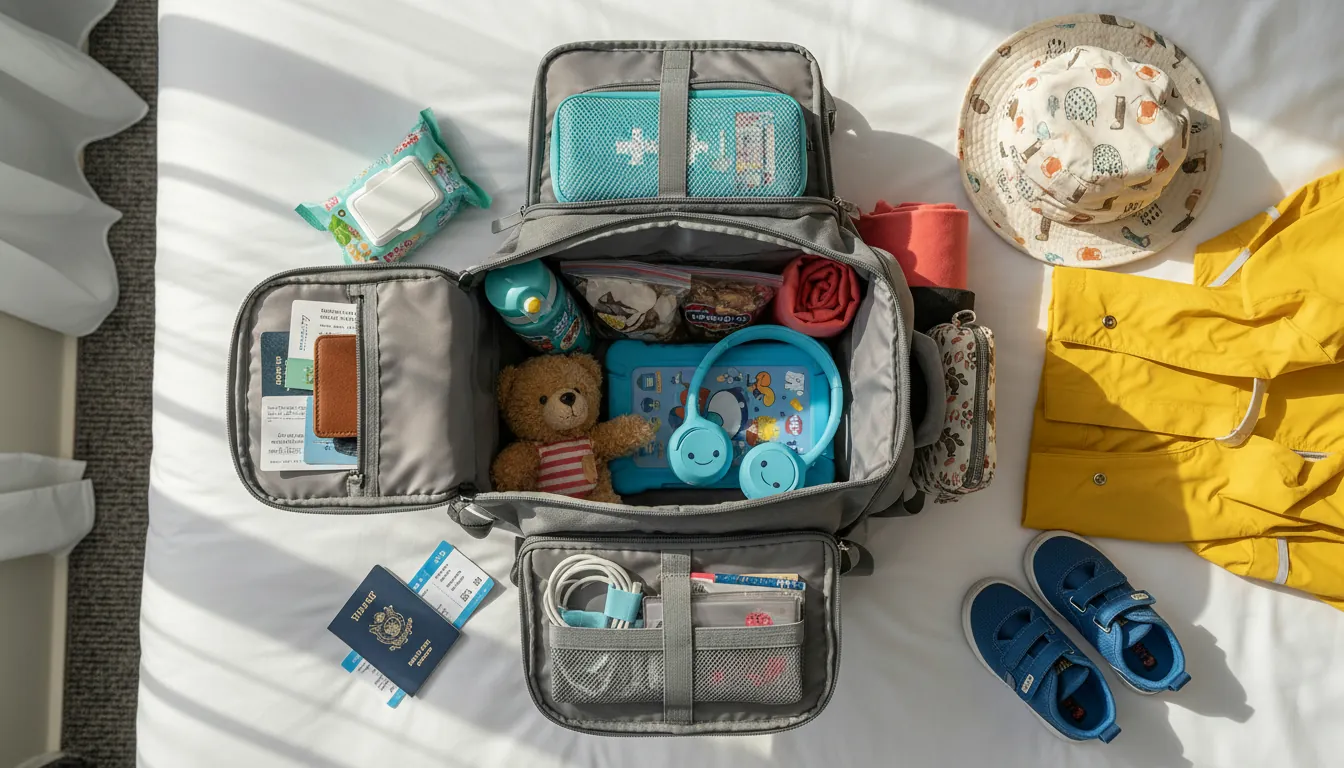 Geantă organizată cu lucruri pentru copii