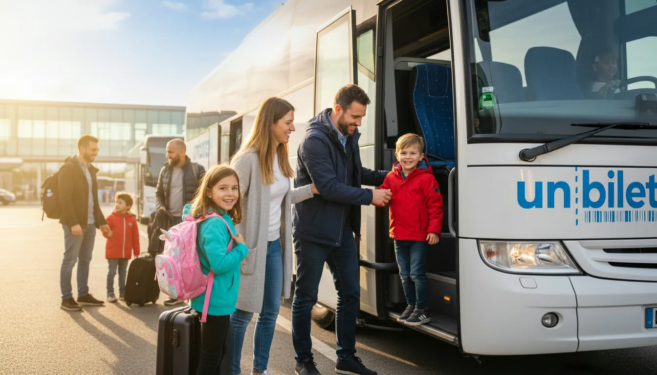 Familie cu copii urcând în autobuz