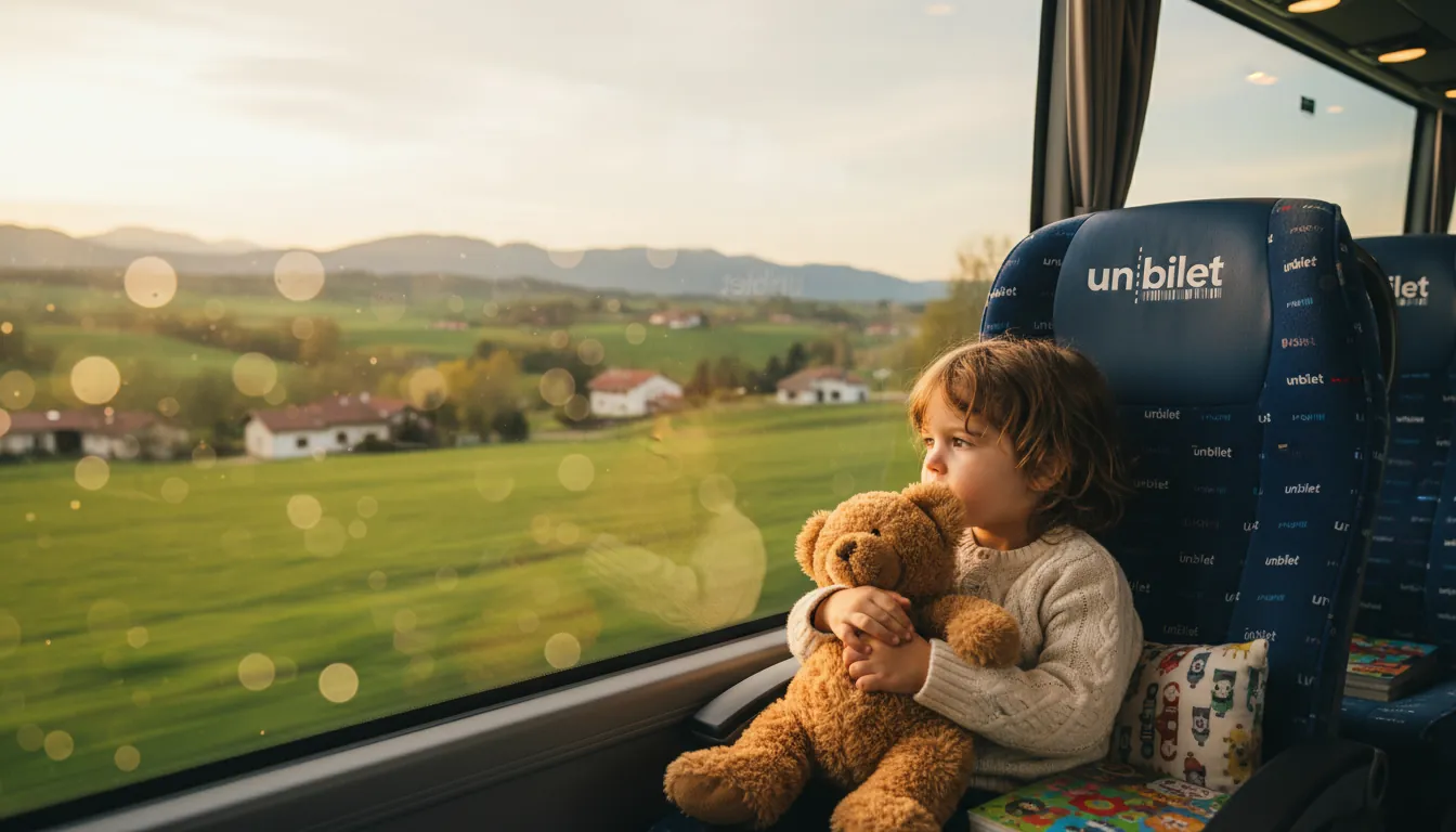 Copil în autobuz privind pe fereastră