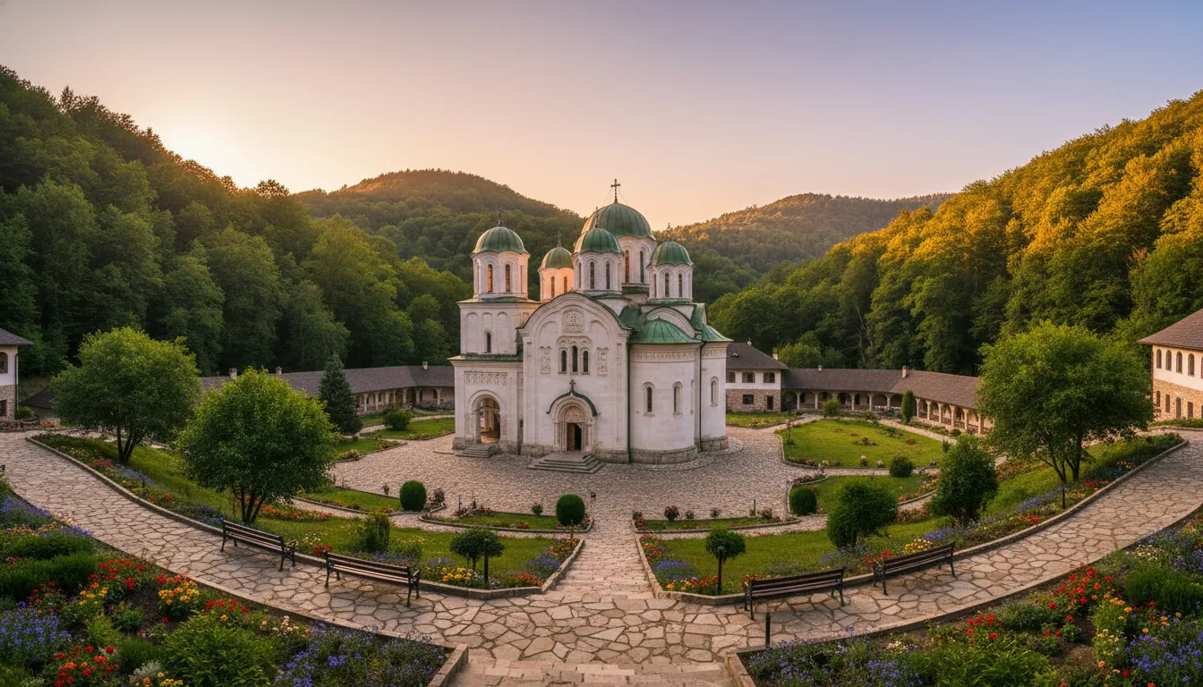 Mănăstire moldoveană antică în mijlocul dealurilor verzi