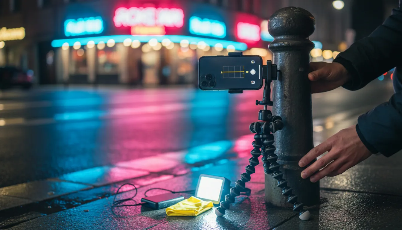 Fotografierea panourilor neon pe smartphone cu trepied