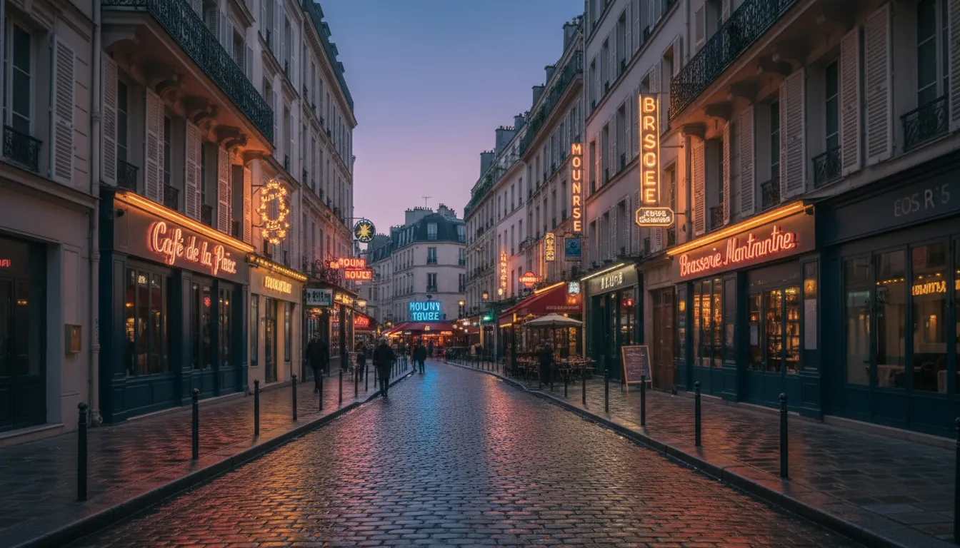 Stradă parizianul cu panouri neon în districtul Pigalle