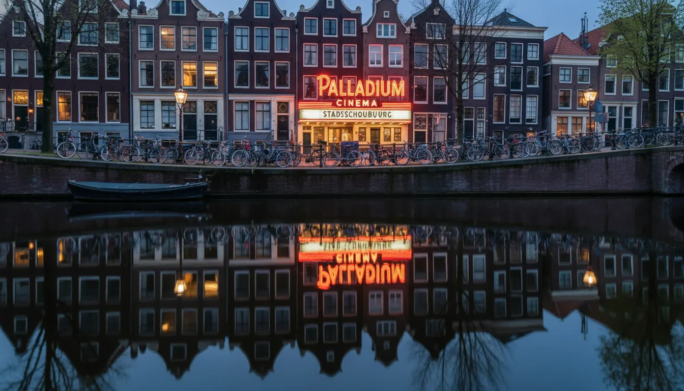 Panouri neon reflectate în canalele Amsterdamului