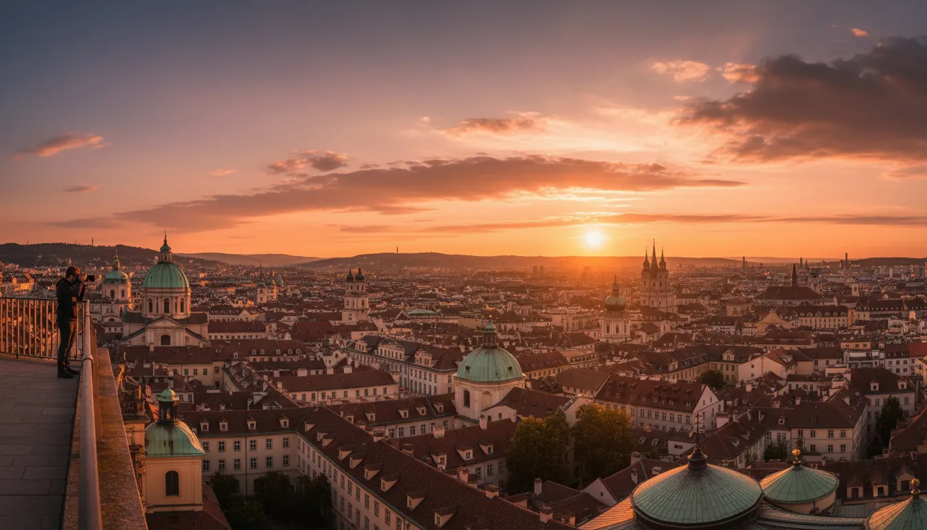 Vedere panoramică a unui oraș european la apus