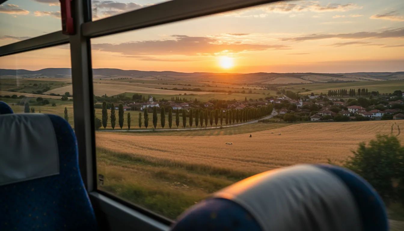 Vedere din fereastra autobuzului pe peisajele bulgare