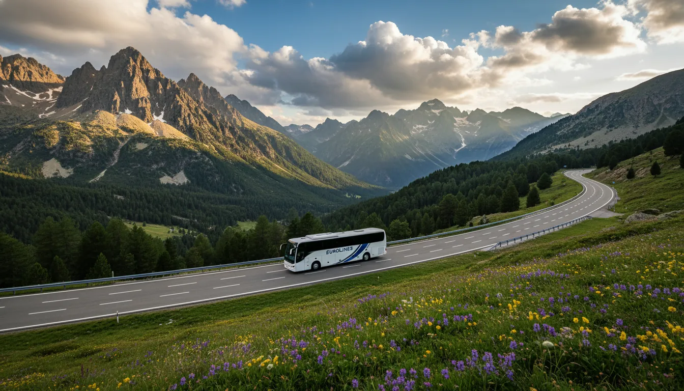 Autobuzul traversează Pirinei în drumul către Madrid