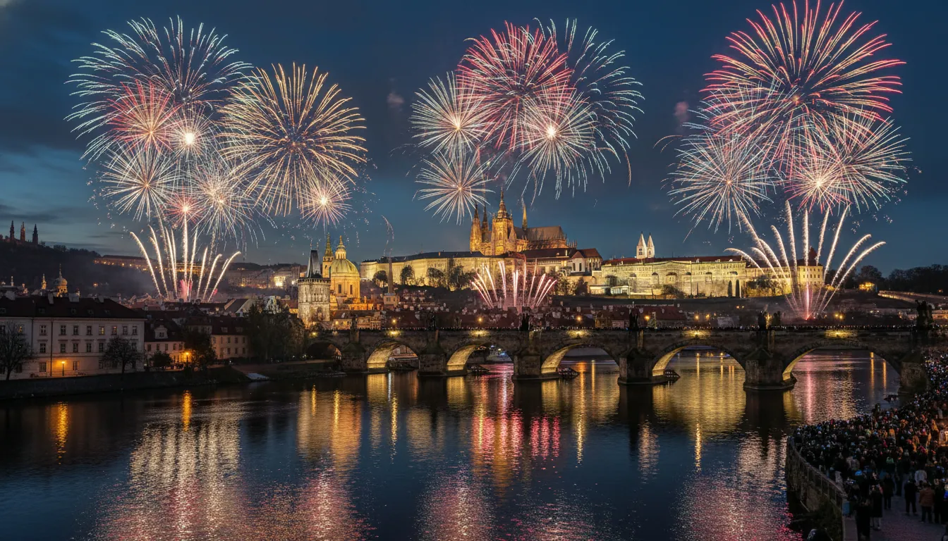 Artificii de Anul Nou deasupra Pragei