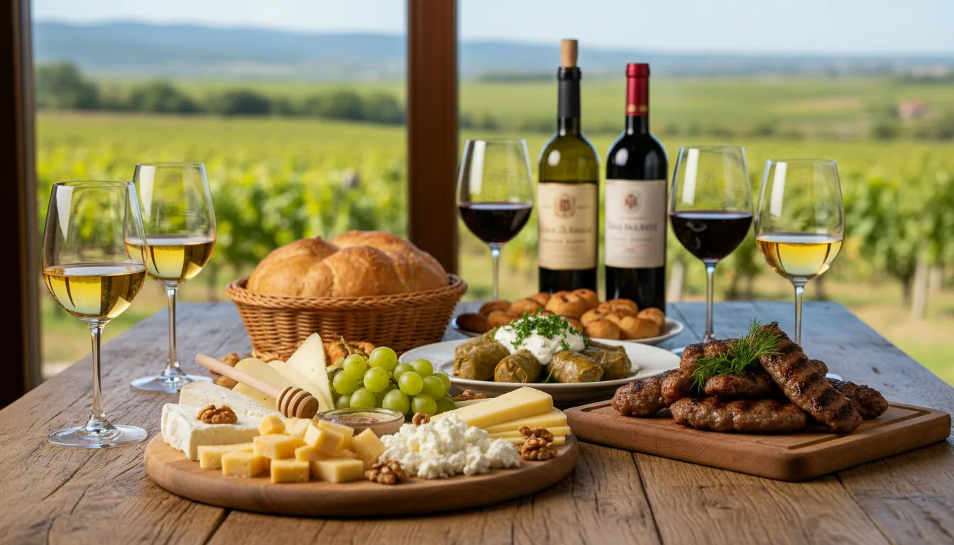 Masa moldoveană cu vin și mâncăruri tradiționale
