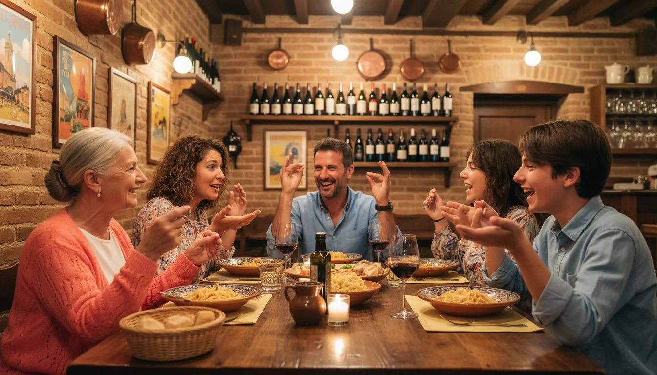 Familie italiană la cină cu gesticulare activă